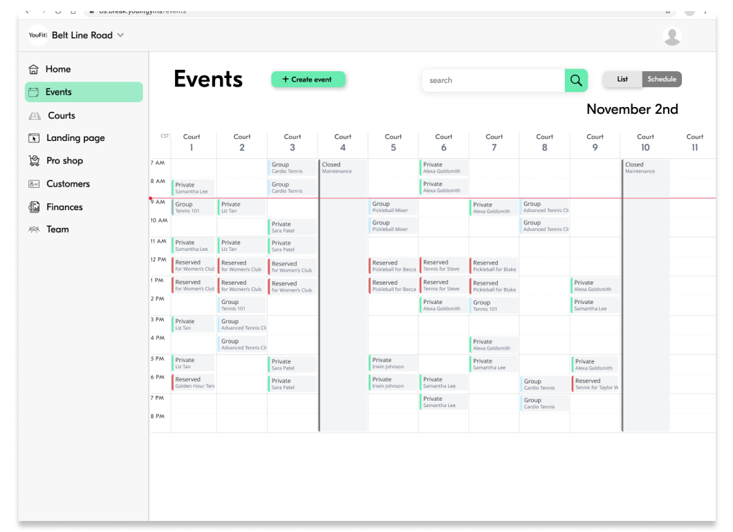 BreakOS events grouped by court calendar demo
